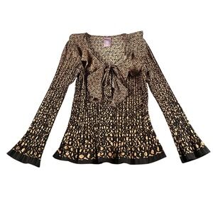 Laura Scott Petite Tan Black Animal Print‎ Pleated Ruffle Tie Front Blouse MP